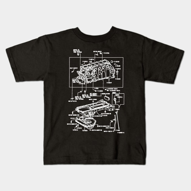 2JZ-GE JDM Supra Engine Exploded Blueprint Kids T-Shirt by Industree Designs